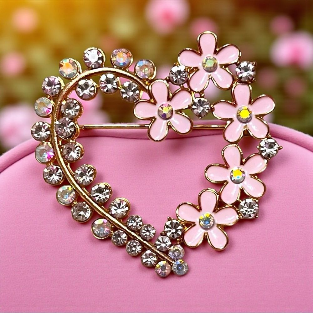 Elegant Iridescent Crystal Pink Floral Heart Brooch